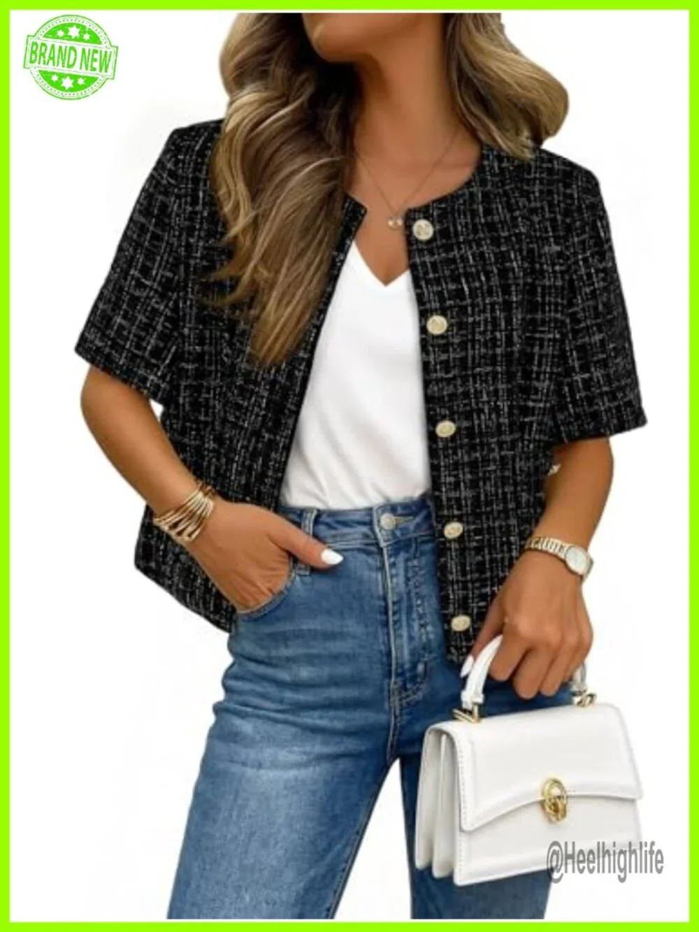 Women's Tweed Short Sleeve Cropped Blazer with Pockets Fully Lined Business